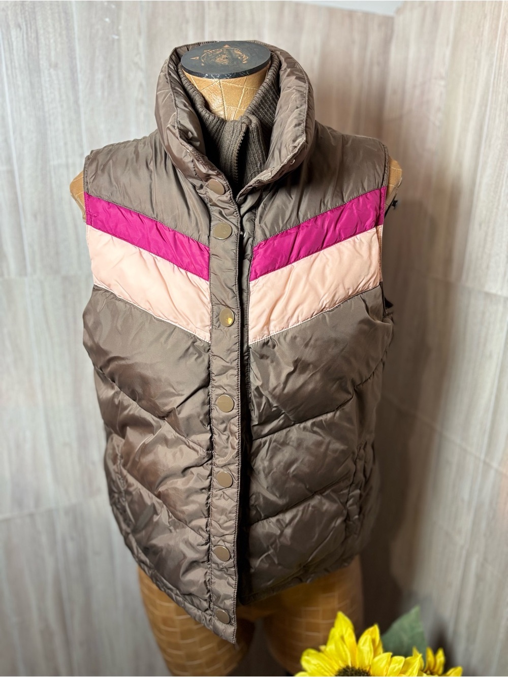 Old Navy Quilted Brown Puffer Vest with Pink and Blush Chevron